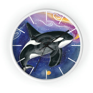 Orca Whale Galaxy Stars Art Watercolor Wall Clock White / Black 10 Home Decor