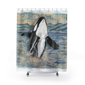 Orca Whale Grunge Vintage Map Watercolor Art Shower Curtain 71 × 74 Home Decor