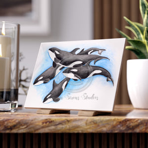 Orca Whale Pod Family Watercolor Art Ceramic Photo Tile 6 × 8 / Glossy Home Decor