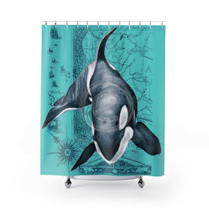 Orca Whale Teal Vintage Map Watercolor Art Shower Curtain 71 × 74 Home Decor