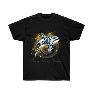 Orca Whale Tribal Blue Yellow Splash Ink Art Dark Unisex Ultra Cotton Tee Black / S T-Shirt