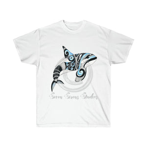 Orca Whale Tribal Tattoo Doodle Blue Black Ink Art Ultra Cotton Tee White / S T-Shirt