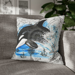 Orca Whale Vintage Map Watercolor Art Spun Polyester Square Pillow Case 20 × Home Decor