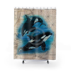 Orca Whales Beige Vintage Map Diving Art Shower Curtain 71 × 74 Home Decor