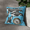 Orca Whales Family Pod Compass Blue Map Watercolor Art Spun Polyester Square Pillow Case 14 × Home