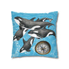 Orca Whales Family Pod Compass Blue Map Watercolor Art Spun Polyester Square Pillow Case Home Decor