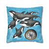 Orca Whales Family Pod Compass Blue Map Watercolor Art Spun Polyester Square Pillow Case Home Decor