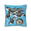 Orca Whales Family Pod Compass Blue Map Watercolor Art Spun Polyester Square Pillow Case Home Decor