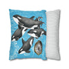 Orca Whales Family Pod Compass Blue Map Watercolor Art Spun Polyester Square Pillow Case Home Decor