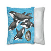 Orca Whales Family Pod Compass Blue Map Watercolor Art Spun Polyester Square Pillow Case Home Decor