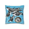 Orca Whales Family Pod Compass Blue Map Watercolor Art Spun Polyester Square Pillow Case Home Decor