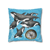 Orca Whales Family Pod Compass Blue Map Watercolor Art Spun Polyester Square Pillow Case Home Decor