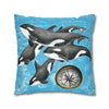 Orca Whales Family Pod Compass Blue Map Watercolor Art Spun Polyester Square Pillow Case Home Decor