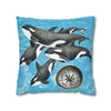 Orca Whales Family Pod Compass Blue Map Watercolor Art Spun Polyester Square Pillow Case Home Decor