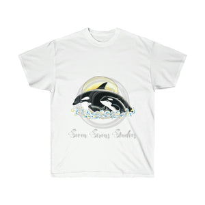 Orca Whales Family Waves And Sun Ink Art Ultra Cotton Tee White / S T-Shirt
