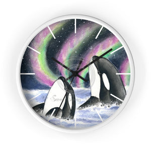Orca Whales Pod Aurora Borealis Watercolor Art Wall Clock White / Black 10 Home Decor