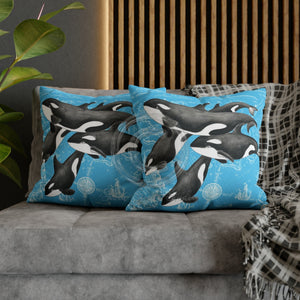 Orca Whales Pod Family Vintage Map Blue Watercolor Art Spun Polyester Square Pillow Case 20 × Home