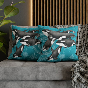 Orca Whales Pod Family Vintage Map Teal Watercolor Art Spun Polyester Square Pillow Case 20 × Home
