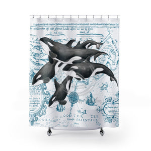 Orca Whales Pod Teal Vintage Map Shower Curtain 71X74 Home Decor