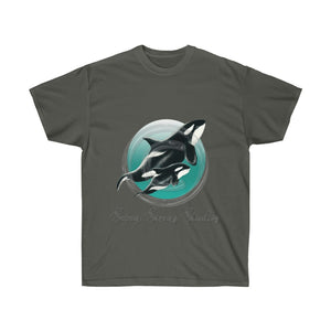 Orca Whales Teal Sun Ink Art Dark Unisex Ultra Cotton Tee Charcoal / S T-Shirt