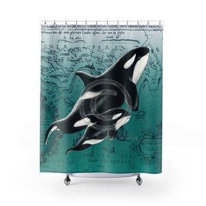 Orca Whales Teal Vintage Map Shower Curtain 71 × 74 Home Decor
