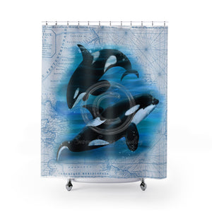 Orca Whales Vintage Map Diving Art Pale Blue Shower Curtain 71 × 74 Home Decor