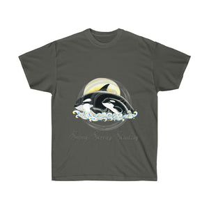 Orca Whales Waves Sun Ink Art Dark Unisex Ultra Cotton Tee Charcoal / S T-Shirt