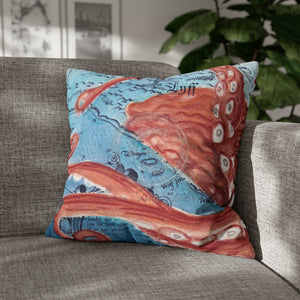 Pacific Red Octopus Vintage Map Watercolor Art Ii Spun Polyester Square Pillow Case 20 × Home Decor