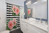Pink Peonies Black Stripes Chic Shower Curtain Home Decor