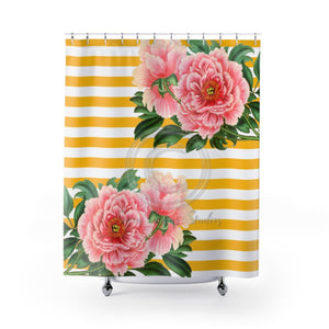 Pink Peonies Yellow Stripes Chic Shower Curtain 71X74 Home Decor