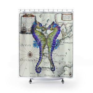 Purple Seahorses Vintage Map Watercolor Shower Curtain 71 × 74 Home Decor