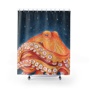 Red Octopus Galaxy Stars Night Watercolor Art Shower Curtain 71 × 74 Home Decor