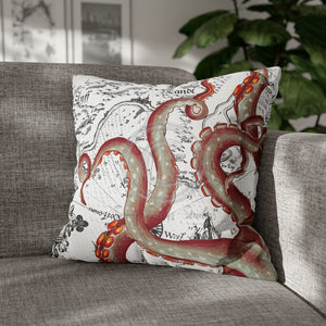 Red Octopus Kraken Tentacles Vintage Map Ink Art Spun Polyester Square Pillow Case 20 × Home Decor