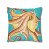 Red Octopus Kraken Watercolor Teal Art Spun Polyester Square Pillow Case Home Decor