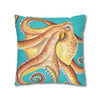 Red Octopus Kraken Watercolor Teal Art Spun Polyester Square Pillow Case Home Decor