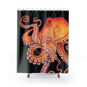 Red Octopus On Black Watercolor Shower Curtain 71 × 74 Home Decor