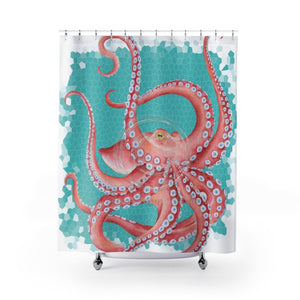 Red Octopus Teal Pattern Watercolor Shower Curtain 71X74 Home Decor