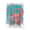 Red Octopus Teal Pattern Watercolor Shower Curtain 71X74 Home Decor