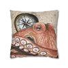 Red Octopus Vintage Map Compass Watercolor Art Spun Polyester Square Pillow Case Home Decor