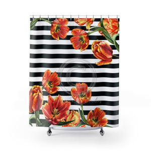 Red Tulips Vintage Black Stripes Chic Shower Curtain 71X74 Home Decor