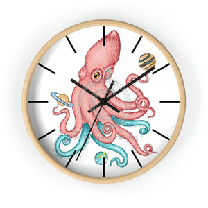 Salmon Pink Teal Octopus And Planets Art Wall Clock Wooden / Black 10 Home Decor