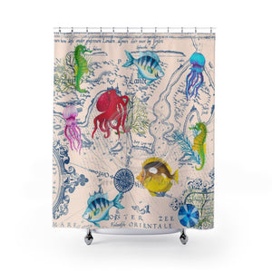 Sea Life Vintage Map Chic Beige Shower Curtain 71X74 Home Decor