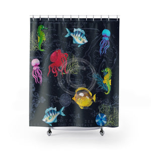 Sea Life Vintage Map Chic Indigo Shower Curtain 71X74 Home Decor