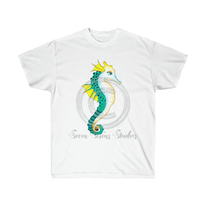Seahorse Lady Teal Yellow Ink Art Ultra Cotton Tee White / S T-Shirt