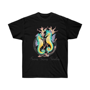 Seahorses And The Algae Watercolor Art Dark Unisex Ultra Cotton Tee Black / S T-Shirt