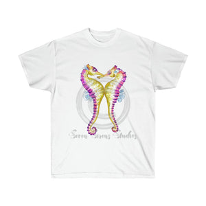 Seahorses Kiss Yellow Pink Watercolor Art Ultra Cotton Tee White / S T-Shirt