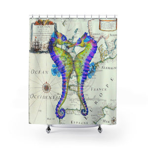 Seahorses Love Watercolor Vintage Map Art Shower Curtain 71X74 Home Decor
