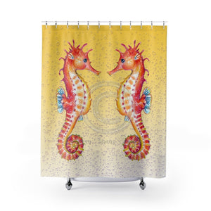 Seahorses Red On Yellow Bubbles Watercolor Shower Curtain 71X74 Home Decor