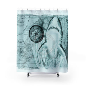 Shark Watercolor & Compass Green Art Shower Curtain 71X74 Home Decor