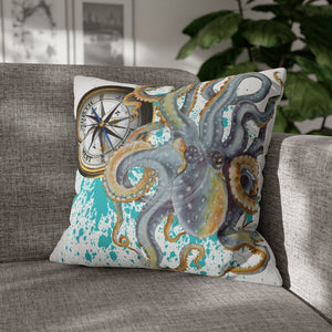 Steel Blue Octopus Kraken Compass Splash Art Spun Polyester Square Pillow Case 20 × Home Decor